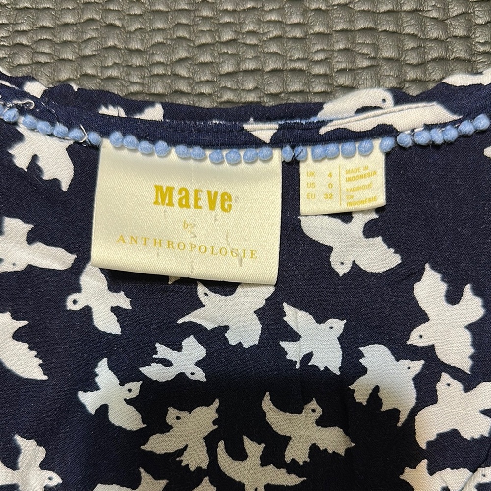 Maeve by Anthropologie Navy Blue Blouse with White Bird Print - Picture 2 of 7